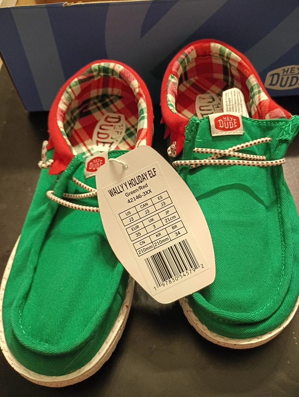 Hey Dude Kids' Wally Holiday Elf Shoes Green/Red Size 3J New With Tags